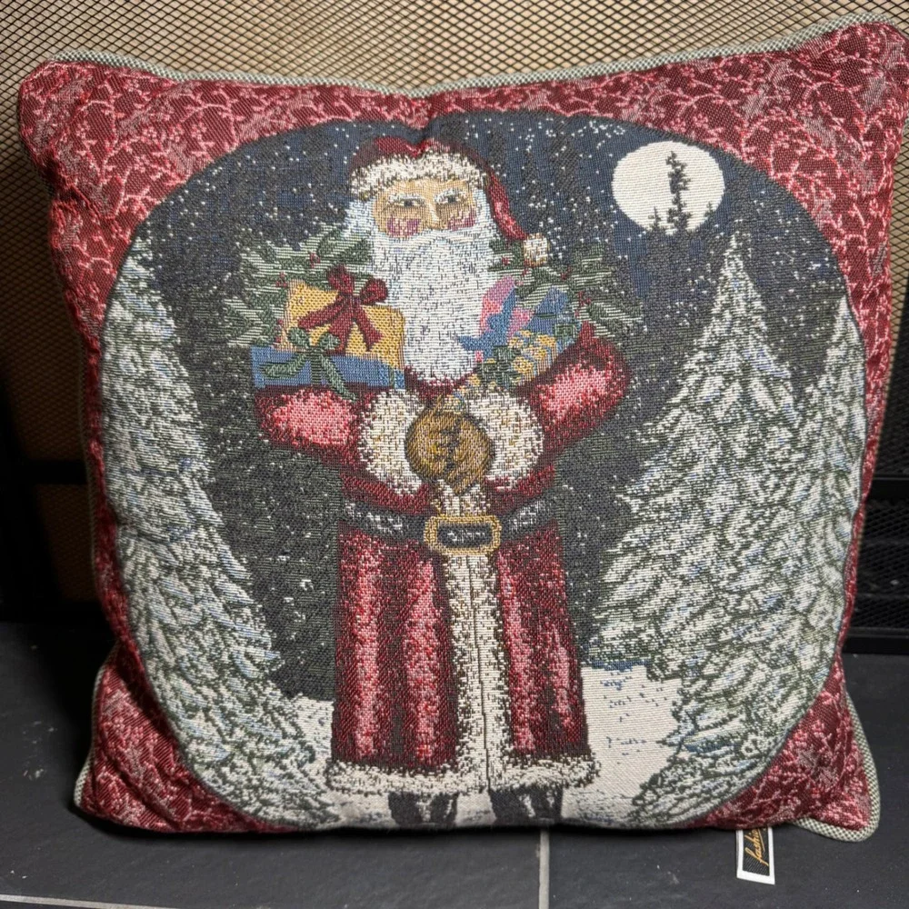 Fashion Woven Tapestry Christmas Santa Claus Throw Pillow Red Green Snowy Forest